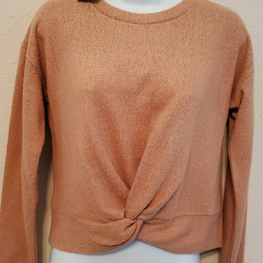 NWT Hippie Rose Long Sleeve Crew Neck Front Knot Tie, Tan Color Sweater, Size XS